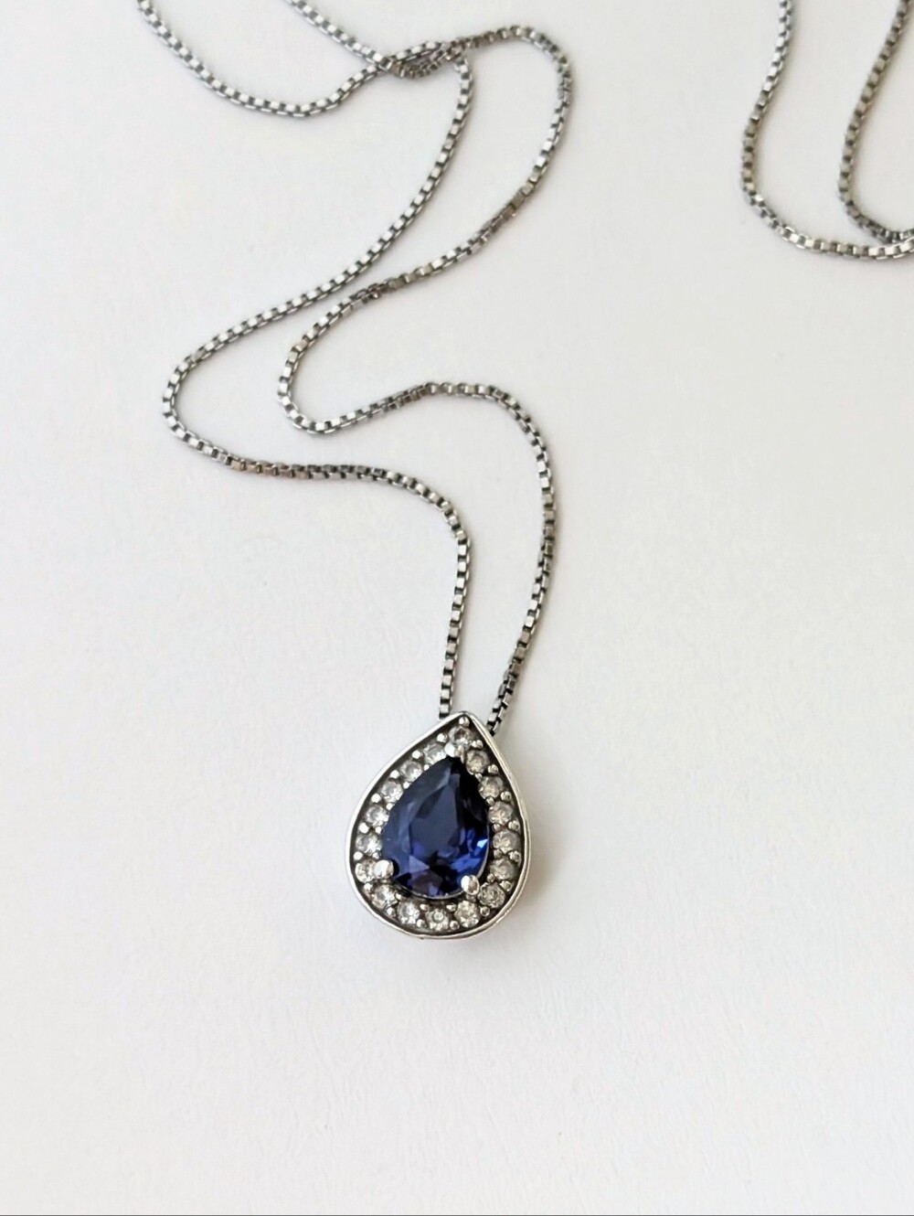 Sterling silver necklace Pear shaped lab blue white sapphire 925 JWBR KA 1772